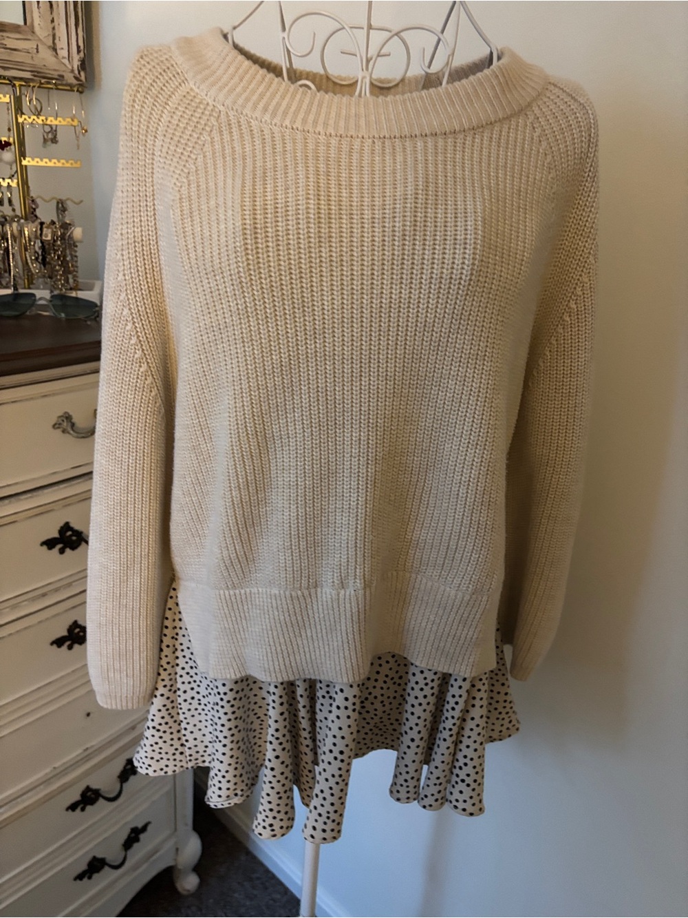 Cream Ribbed Knit Sweater - Women